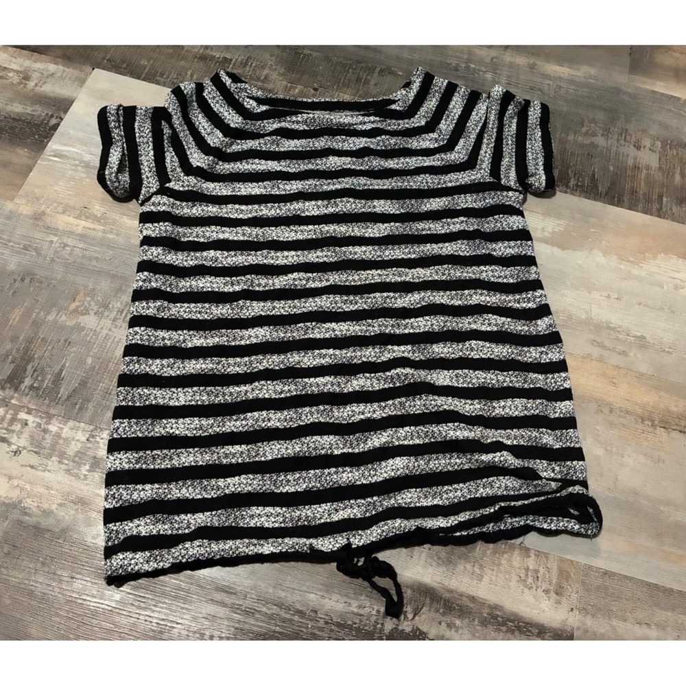Lou & Grey Black White Striped Knit Short Sleeve Top Drawstring Hem Medium